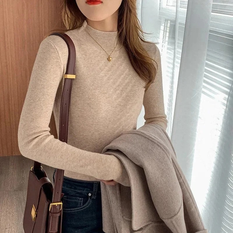 2023 m. pavasario rudens naujas megztinis moteriškas megztinis ilgomis rankovėmis vienspalvis laisvo temperamento laisvalaikio mezginys, 100 % grynos vilnos viršus