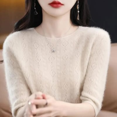 Vasaros moteriški megztiniai trumpomis rankovėmis O formos apatiniai marškinėliai Trikotažo kupranugarių megztiniai Korėjietiški Slim Fit džemperiai Kasdienis trikotažas