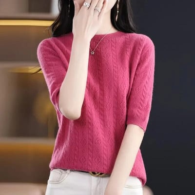 Vasaros moteriški megztiniai trumpomis rankovėmis O formos apatiniai marškinėliai Trikotažo kupranugarių megztiniai Korėjietiški Slim Fit džemperiai Kasdienis trikotažas