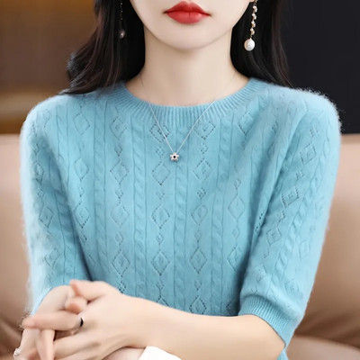 Vasaros moteriški megztiniai trumpomis rankovėmis O formos apatiniai marškinėliai Trikotažo kupranugarių megztiniai Korėjietiški Slim Fit džemperiai Kasdienis trikotažas