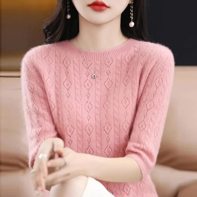 Vasaros moteriški megztiniai trumpomis rankovėmis O formos apatiniai marškinėliai Trikotažo kupranugarių megztiniai Korėjietiški Slim Fit džemperiai Kasdienis trikotažas