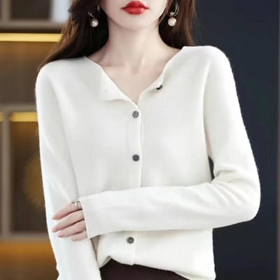 Μακρυμάνικο γυναικείο πλεκτό πλεκτό κασμίρ 2023 100% καθαρό μαλλί Merino Άνοιξη φθινοπωρινό μπλουζάκι με λαιμόκοψη Ζακέτα πουλόβερ με ένδυση