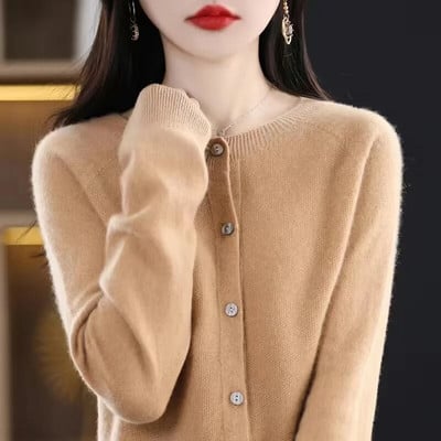 Μακρυμάνικο γυναικείο πλεκτό πλεκτό κασμίρ 2023 100% καθαρό μαλλί Merino Άνοιξη φθινοπωρινό μπλουζάκι με λαιμόκοψη Ζακέτα πουλόβερ με ένδυση