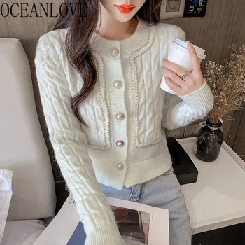 OCEANLOVE Корейски модни сладки дамски жилетки Контрастен цвят Есен Зима Къси пуловери Елегантни тънки ретро трикотажни изделия