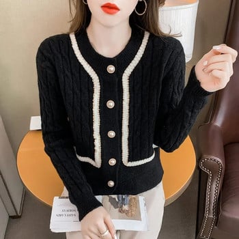 OCEANLOVE Корейски модни сладки дамски жилетки Контрастен цвят Есен Зима Къси пуловери Елегантни тънки ретро трикотажни изделия
