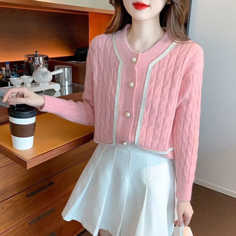 OCEANLOVE Κορεάτικη μόδα Γλυκές γυναικείες ζακέτες αντίθεσης χρώματος Φθινοπωρινά χειμωνιάτικα κοντά πουλόβερ Κομψά λεπτά ρετρό πλεκτά