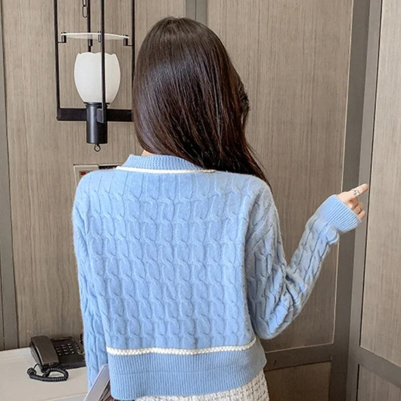 OCEANLOVE Κορεάτικη μόδα Γλυκές γυναικείες ζακέτες αντίθεσης χρώματος Φθινοπωρινά χειμωνιάτικα κοντά πουλόβερ Κομψά λεπτά ρετρό πλεκτά