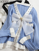 OCEANLOVE Γλυκές κοντές ζακέτες φιόγκος με χάντρες αντίθεση χρώματος Φθινοπωρινά χειμωνιάτικα πουλόβερ Γυναικεία μπλουζάκια V λαιμόκοψη Slim Sueter Mujer Retro