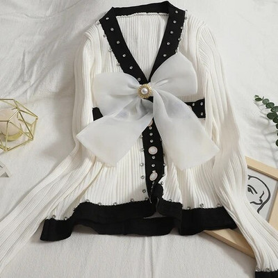 OCEANLOVE Γλυκές κοντές ζακέτες φιόγκος με χάντρες αντίθεση χρώματος Φθινοπωρινά χειμωνιάτικα πουλόβερ Γυναικεία μπλουζάκια V λαιμόκοψη Slim Sueter Mujer Retro