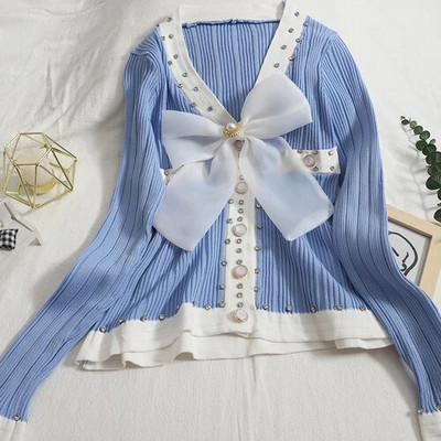 OCEANLOVE Γλυκές κοντές ζακέτες φιόγκος με χάντρες αντίθεση χρώματος Φθινοπωρινά χειμωνιάτικα πουλόβερ Γυναικεία μπλουζάκια V λαιμόκοψη Slim Sueter Mujer Retro