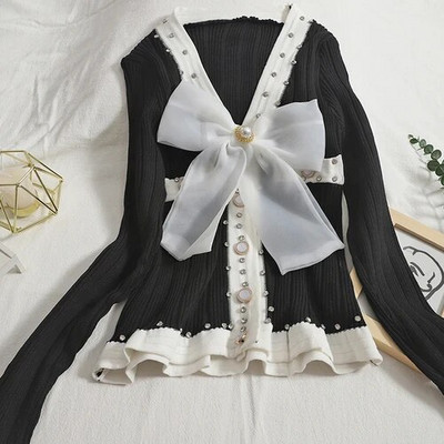 OCEANLOVE Γλυκές κοντές ζακέτες φιόγκος με χάντρες αντίθεση χρώματος Φθινοπωρινά χειμωνιάτικα πουλόβερ Γυναικεία μπλουζάκια V λαιμόκοψη Slim Sueter Mujer Retro