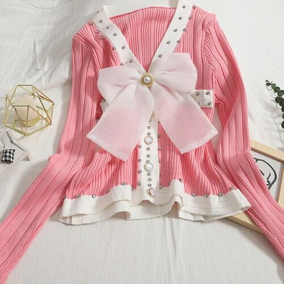 OCEANLOVE Γλυκές κοντές ζακέτες φιόγκος με χάντρες αντίθεση χρώματος Φθινοπωρινά χειμωνιάτικα πουλόβερ Γυναικεία μπλουζάκια V λαιμόκοψη Slim Sueter Mujer Retro