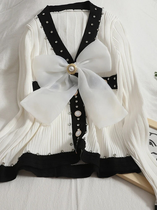 OCEANLOVE Γλυκές κοντές ζακέτες φιόγκος με χάντρες αντίθεση χρώματος Φθινοπωρινά χειμωνιάτικα πουλόβερ Γυναικεία μπλουζάκια V λαιμόκοψη Slim Sueter Mujer Retro