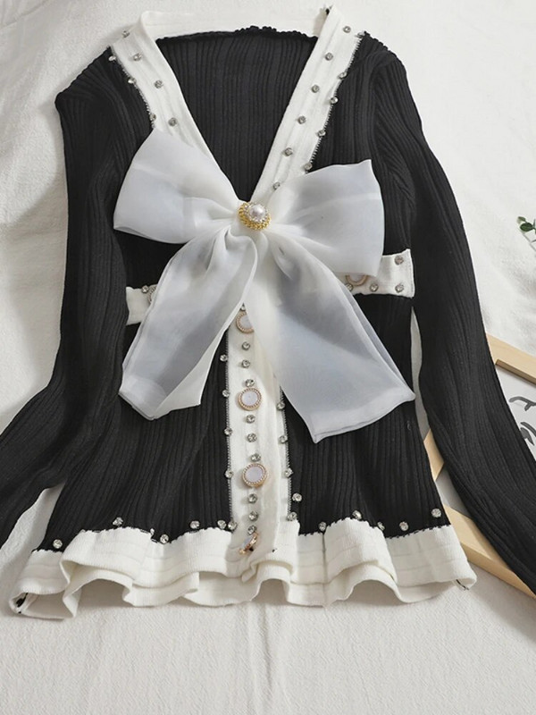 OCEANLOVE Γλυκές κοντές ζακέτες φιόγκος με χάντρες αντίθεση χρώματος Φθινοπωρινά χειμωνιάτικα πουλόβερ Γυναικεία μπλουζάκια V λαιμόκοψη Slim Sueter Mujer Retro