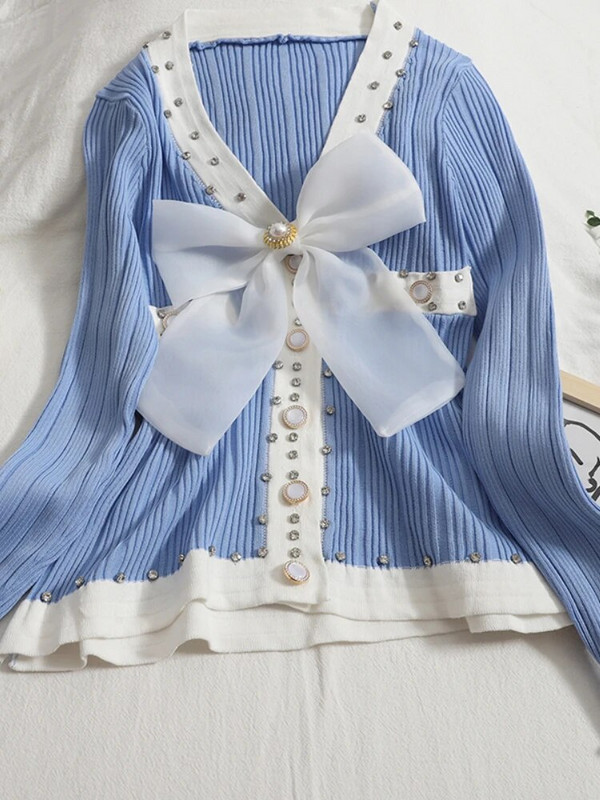 OCEANLOVE Γλυκές κοντές ζακέτες φιόγκος με χάντρες αντίθεση χρώματος Φθινοπωρινά χειμωνιάτικα πουλόβερ Γυναικεία μπλουζάκια V λαιμόκοψη Slim Sueter Mujer Retro