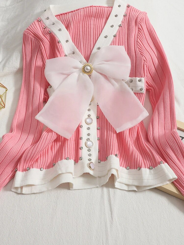 OCEANLOVE Γλυκές κοντές ζακέτες φιόγκος με χάντρες αντίθεση χρώματος Φθινοπωρινά χειμωνιάτικα πουλόβερ Γυναικεία μπλουζάκια V λαιμόκοψη Slim Sueter Mujer Retro