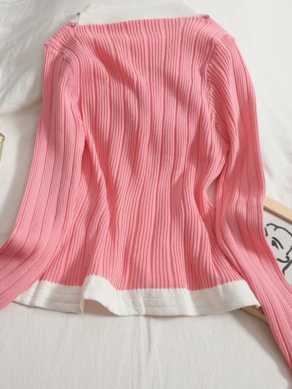 OCEANLOVE Γλυκές κοντές ζακέτες φιόγκος με χάντρες αντίθεση χρώματος Φθινοπωρινά χειμωνιάτικα πουλόβερ Γυναικεία μπλουζάκια V λαιμόκοψη Slim Sueter Mujer Retro