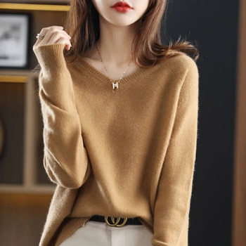 Γυναικείο πουλόβερ μακρυμάνικο ανοιξιάτικα πλεκτά φθινοπωρινά Κορεατικά πουλόβερ με ρίγες λεπτή εφαρμογή Πλεκτά μπλουζάκια Casual μπλούζες με V λαιμόκοψη