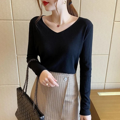 Rudens ziemas sieviešu džemperis 2023. gada korejiešu modes trikotāžas izstrādājumi, silti, garām piedurknēm V veida kakla izgriezuma adīti džemperi, šauri pieguļošs krekls