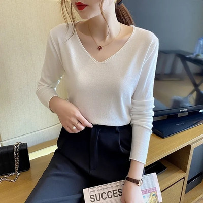 Rudens ziemas sieviešu džemperis 2023. gada korejiešu modes trikotāžas izstrādājumi, silti, garām piedurknēm V veida kakla izgriezuma adīti džemperi, šauri pieguļošs krekls
