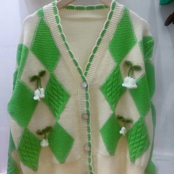 OCEANLOVE V πουλόβερ με λαιμόκοψη Γυναικείες μπλούζες καρό χρώμα αντίθεσης Γλυκές ζακέτες κορεατικής μόδας Χαλαρά κομψά πλεκτά Chaqueta Mujer