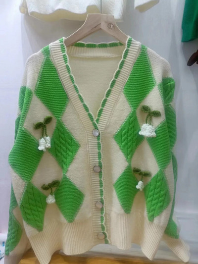 OCEANLOVE V πουλόβερ με λαιμόκοψη Γυναικείες μπλούζες καρό χρώμα αντίθεσης Γλυκές ζακέτες κορεατικής μόδας Χαλαρά κομψά πλεκτά Chaqueta Mujer