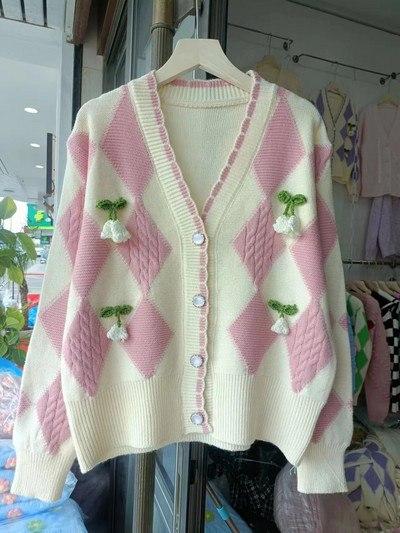 OCEANLOVE V πουλόβερ με λαιμόκοψη Γυναικείες μπλούζες καρό χρώμα αντίθεσης Γλυκές ζακέτες κορεατικής μόδας Χαλαρά κομψά πλεκτά Chaqueta Mujer