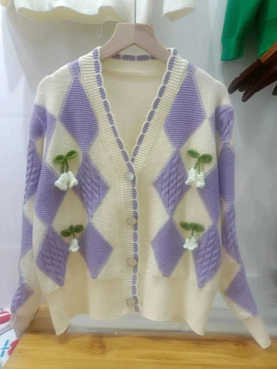 OCEANLOVE V πουλόβερ με λαιμόκοψη Γυναικείες μπλούζες καρό χρώμα αντίθεσης Γλυκές ζακέτες κορεατικής μόδας Χαλαρά κομψά πλεκτά Chaqueta Mujer