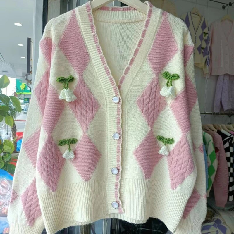 OCEANLOVE V πουλόβερ με λαιμόκοψη Γυναικείες μπλούζες καρό χρώμα αντίθεσης Γλυκές ζακέτες κορεατικής μόδας Χαλαρά κομψά πλεκτά Chaqueta Mujer