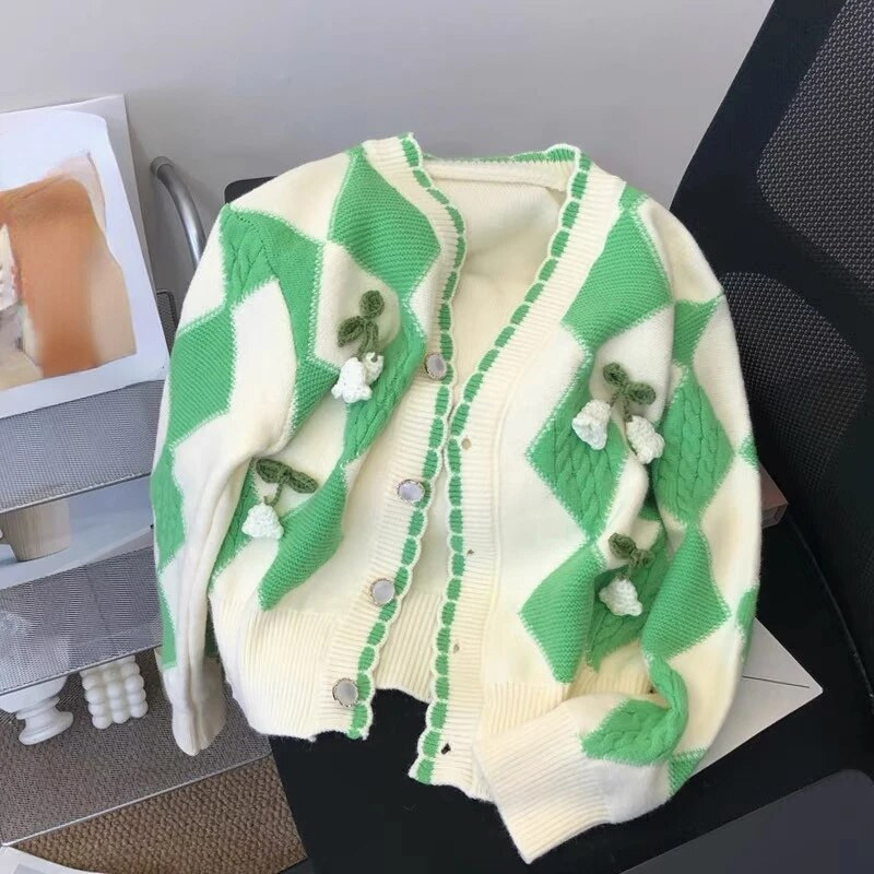 OCEANLOVE V πουλόβερ με λαιμόκοψη Γυναικείες μπλούζες καρό χρώμα αντίθεσης Γλυκές ζακέτες κορεατικής μόδας Χαλαρά κομψά πλεκτά Chaqueta Mujer