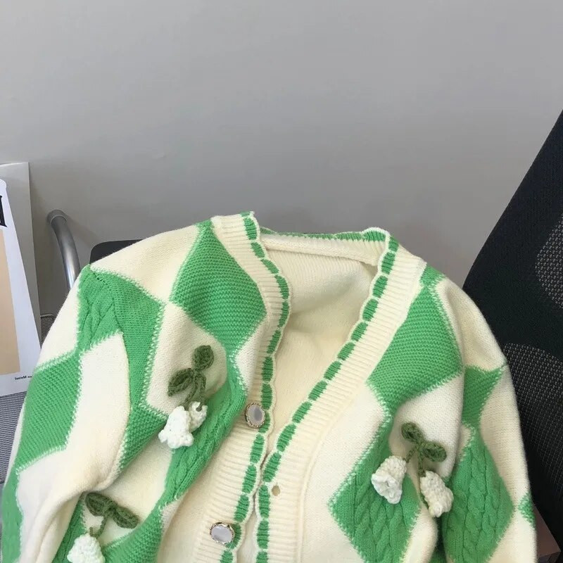 OCEANLOVE V πουλόβερ με λαιμόκοψη Γυναικείες μπλούζες καρό χρώμα αντίθεσης Γλυκές ζακέτες κορεατικής μόδας Χαλαρά κομψά πλεκτά Chaqueta Mujer