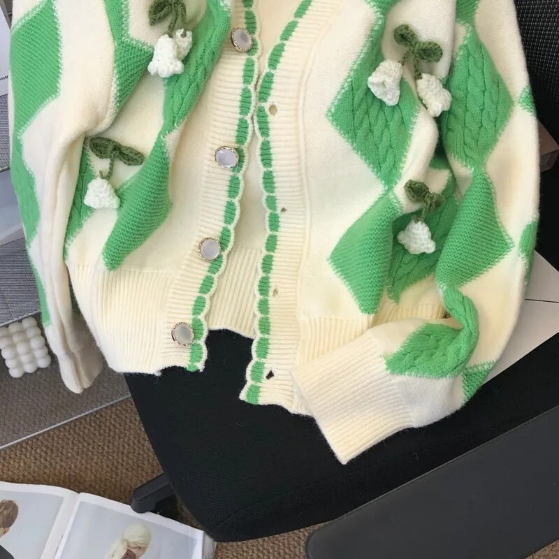 OCEANLOVE V πουλόβερ με λαιμόκοψη Γυναικείες μπλούζες καρό χρώμα αντίθεσης Γλυκές ζακέτες κορεατικής μόδας Χαλαρά κομψά πλεκτά Chaqueta Mujer