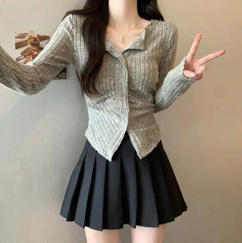 Секси плетена жилетка Дамски пуловер с яка с дълъг ръкав Есенен корейски мек тънък трикотаж с V-образно деколте Y2k Джъмпер Скъсени топове