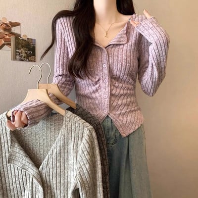Sexy Knit Cardigan Women Long Sleeve  Collar Sweater Autumn Korean Soft Slim Fit V Neck Knitwears Y2k Jumper Cropped Tops