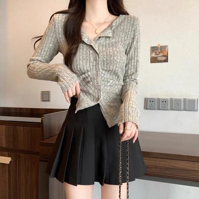 Seksualūs megzti megztiniai moteriški megztiniai ilgomis rankovėmis apykakle, rudeninis korėjietiškas, minkštas, plonas V kaklo trikotažas Y2k megztinis, apkarpytas viršus