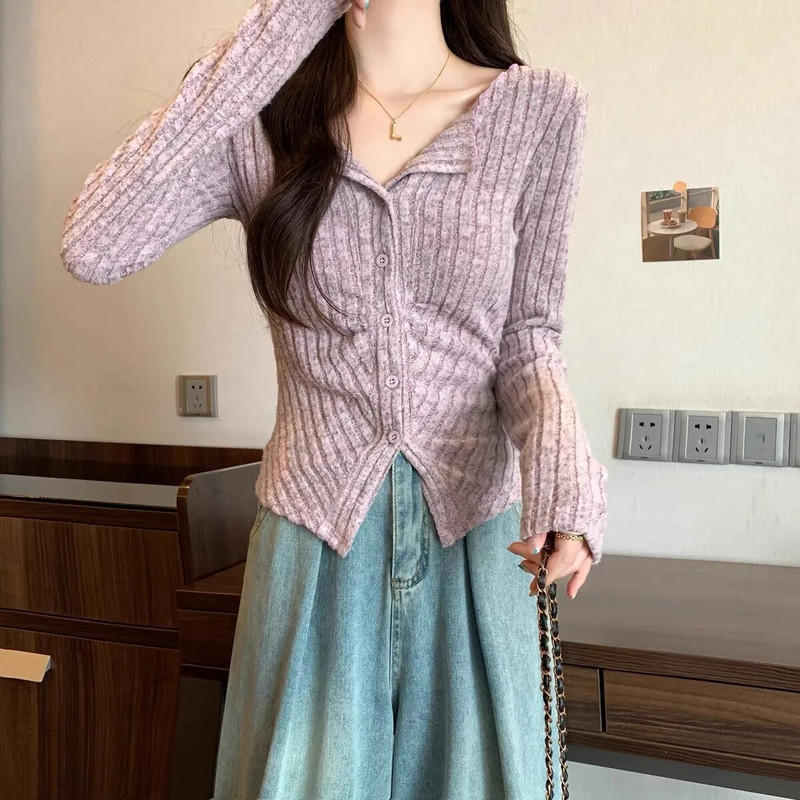 Seksualūs megzti megztiniai moteriški megztiniai ilgomis rankovėmis apykakle, rudeninis korėjietiškas, minkštas, plonas V kaklo trikotažas Y2k megztinis, apkarpytas viršus