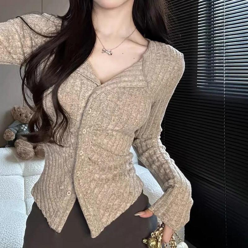 Seksualūs megzti megztiniai moteriški megztiniai ilgomis rankovėmis apykakle, rudeninis korėjietiškas, minkštas, plonas V kaklo trikotažas Y2k megztinis, apkarpytas viršus