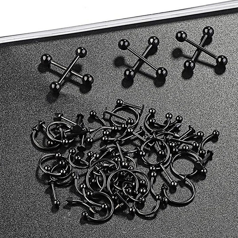 6 DB Professzionális piercing készlet rozsdamentes acél 14G 16G hasnyelv Tragus mellbimbó ajak orr gyűrű testékszer fekete