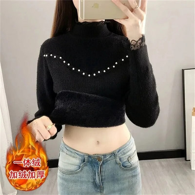 Winter Thicken Plus Βελούδινο ζιβάγκο Γυναικεία Πουλόβερ Ζεστό Πλεκτό Πουλόβερ Κορεάτικο Πλεκτό με επένδυση από Fleece Με Ριμπ Πάτο