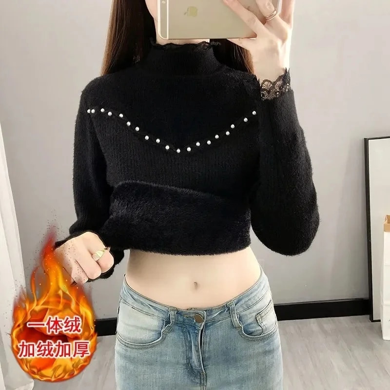 Winter Thicken Plus Βελούδινο ζιβάγκο Γυναικεία Πουλόβερ Ζεστό Πλεκτό Πουλόβερ Κορεάτικο Πλεκτό με επένδυση από Fleece Με Ριμπ Πάτο