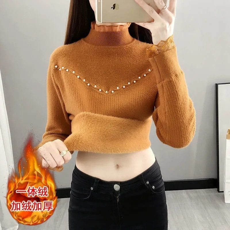 Winter Thicken Plus Βελούδινο ζιβάγκο Γυναικεία Πουλόβερ Ζεστό Πλεκτό Πουλόβερ Κορεάτικο Πλεκτό με επένδυση από Fleece Με Ριμπ Πάτο