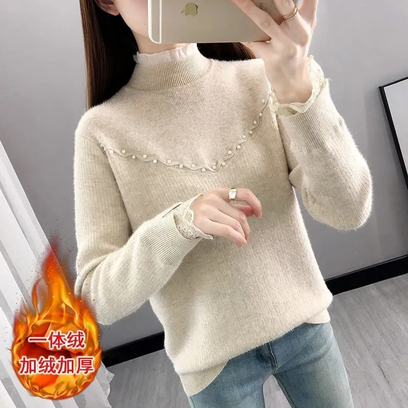 Winter Thicken Plus Βελούδινο ζιβάγκο Γυναικεία Πουλόβερ Ζεστό Πλεκτό Πουλόβερ Κορεάτικο Πλεκτό με επένδυση από Fleece Με Ριμπ Πάτο