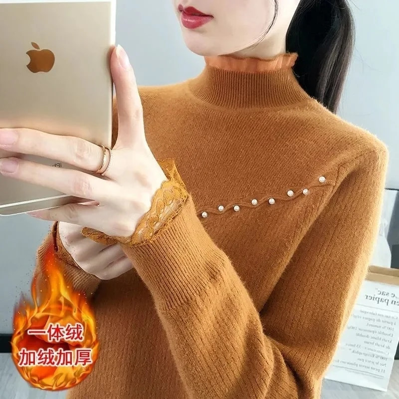 Winter Thicken Plus Βελούδινο ζιβάγκο Γυναικεία Πουλόβερ Ζεστό Πλεκτό Πουλόβερ Κορεάτικο Πλεκτό με επένδυση από Fleece Με Ριμπ Πάτο