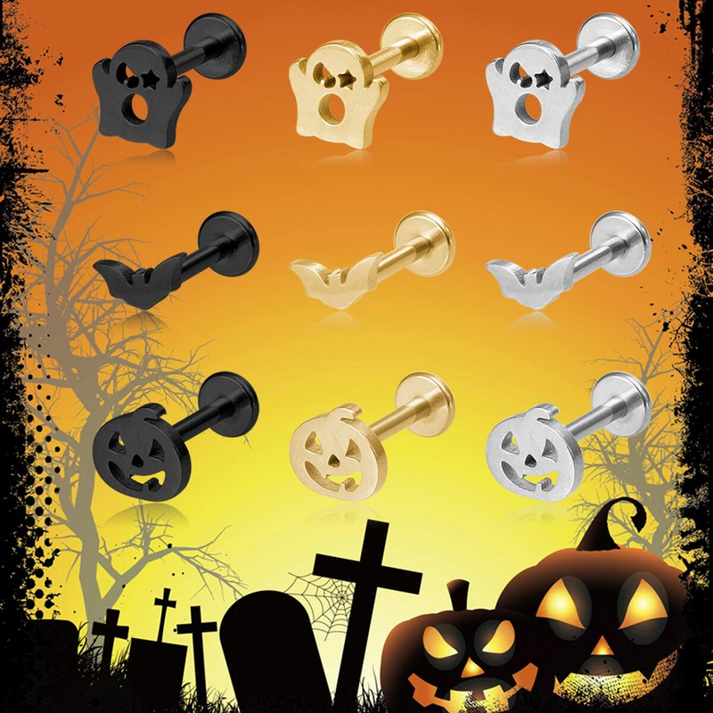 1 τμχ Halloween Labret Lip Piercing Stud από ανοξείδωτο ατσάλι Ghost Pumpkin Bat Rings Monroe Piercing Κοσμήματα χόνδρινο σκουλαρίκι 16G