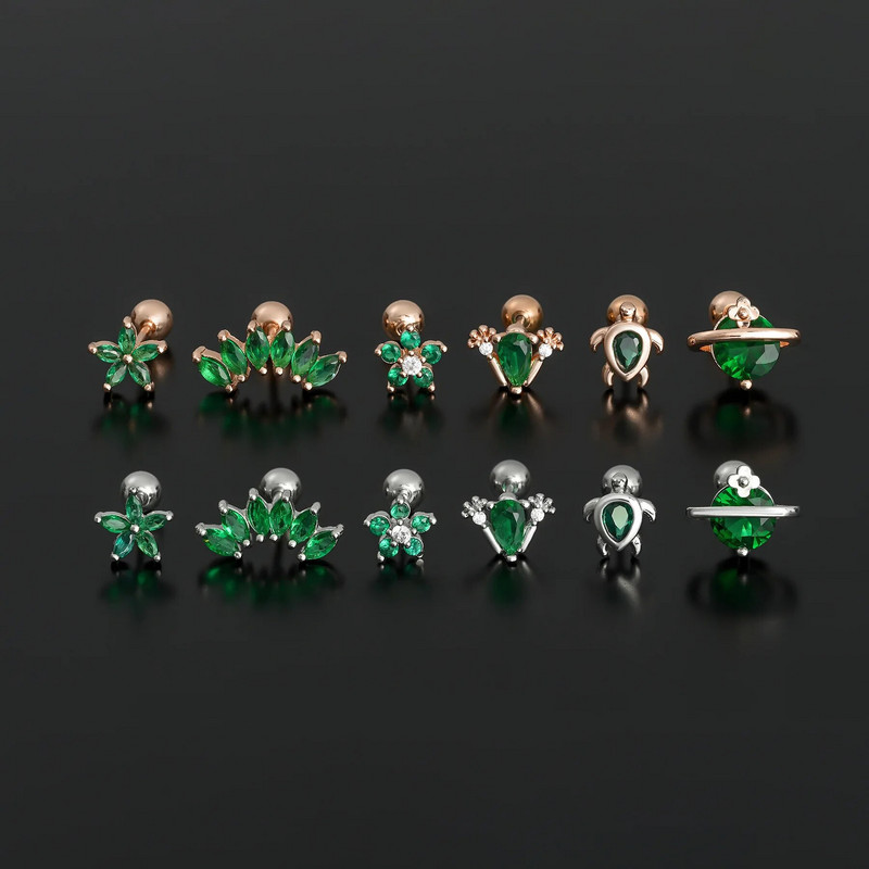 1PC Sweet Green Flowers Ausu caurduršana Auskars Srecw Back Stud Earring Rook Conch Starpsienas Skrimšļa daivas Hiphop/Rock Body Jewelry