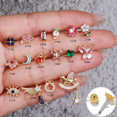 1PC nehrđajući čelik leptir srce šarene cirkonske naušnice cvjetni vijak stražnja ušna kost hrskavica školjka piercing nakit