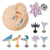 1vnt Crystal Flower Moon lūpų auskarų vėrimo žiedas Labret Bar Ausų kremzlės Stud auskarai Nerūdijančio plieno Tragus Helix kūno papuošalai 16G