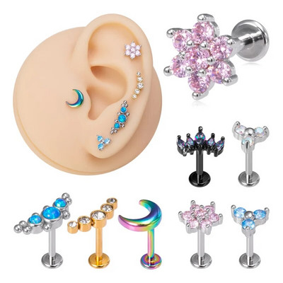 1 τμχ Crystal Flower Moon Lip Piercing Ring Labret Bar Σκουλαρίκια με καρφιά χόνδρου αυτιού από ανοξείδωτο ατσάλι Tragus Helix Body Jewelry 16G