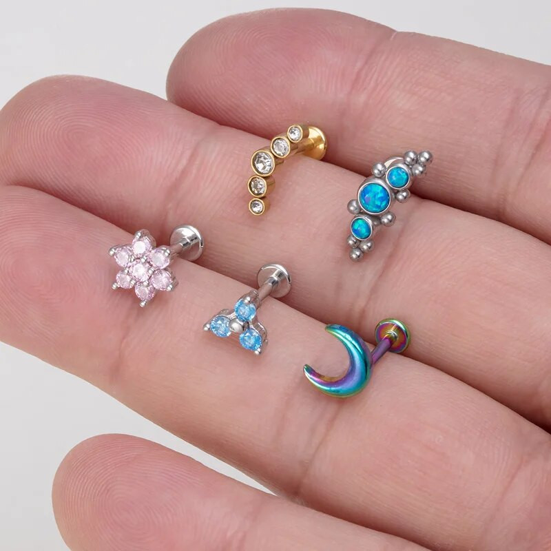1vnt Crystal Flower Moon lūpų auskarų vėrimo žiedas Labret Bar Ausų kremzlės Stud auskarai Nerūdijančio plieno Tragus Helix kūno papuošalai 16G