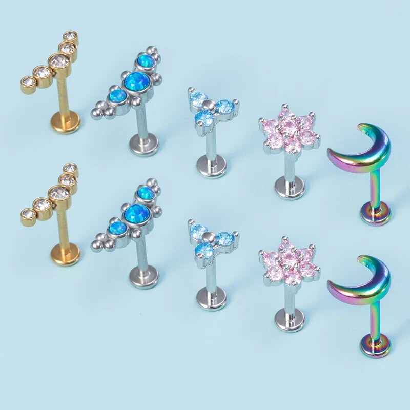 1vnt Crystal Flower Moon lūpų auskarų vėrimo žiedas Labret Bar Ausų kremzlės Stud auskarai Nerūdijančio plieno Tragus Helix kūno papuošalai 16G